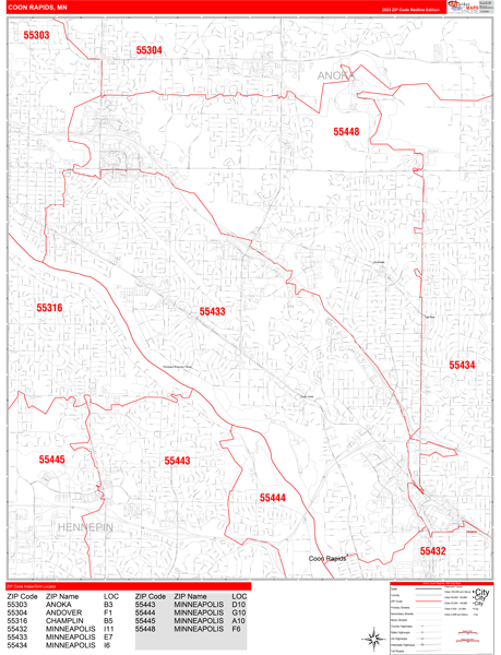 Coon Rapids City Wall Map Red Line Style